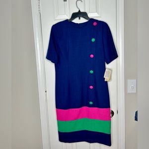 Vintage 80's Blue Pink Sheath Party Willow Ridge Geometric Colorblock 80s Dress